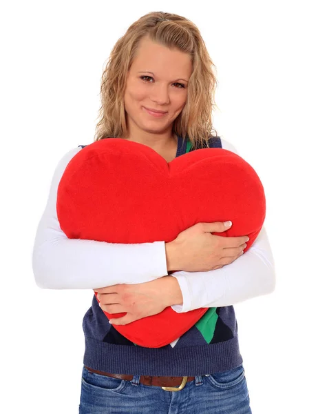 Attractive Blonde Woman Hugging Heart Shaped Pillow All White Background — Stock Photo, Image