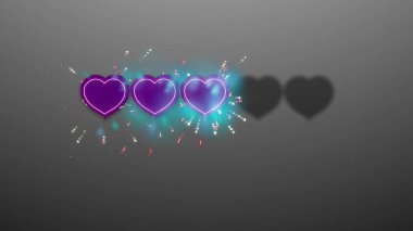 A wonderful 3d rendering of three hearts dazzling in the grey background with two black hearts. The hearts are violet and have jolly salute looking beams of white and red colors clipart