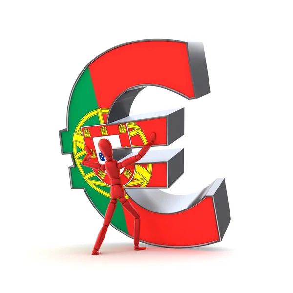 Osoba Czerwono Stara Się Ustabilizować Metaliczny Znak Euro Front Jest — Zdjęcie stockowe