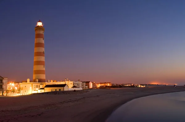 Farol Aveiro Portugal Praia Barra Noite — Fotografia de Stock