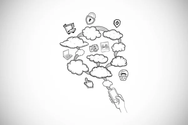 Cloud Computing Doodle Vor Weißem Hintergrund Mit Vignette — Stockfoto