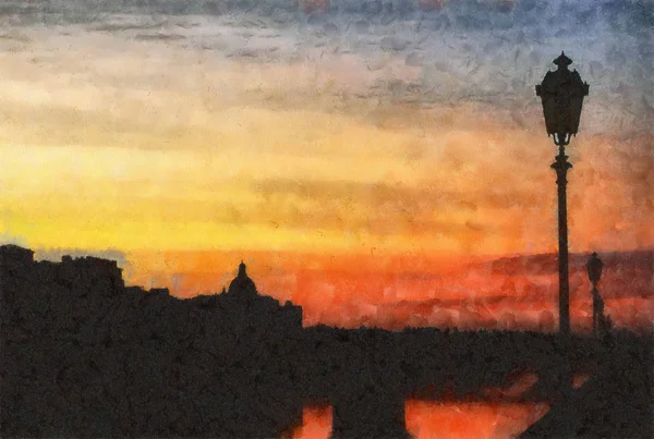 Bir Şehir Günbatımı Tuval Üzerine Bir Suluboya — Stok fotoğraf
