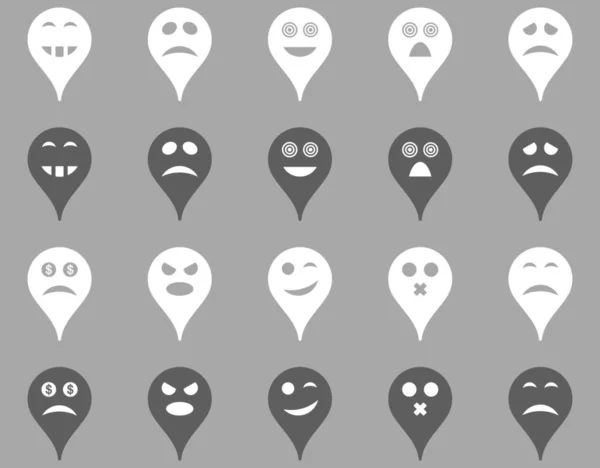 Emotion map marker icons. Glyph set style is bicolor flat images, dark gray and white symbols, isolated on a silver background.