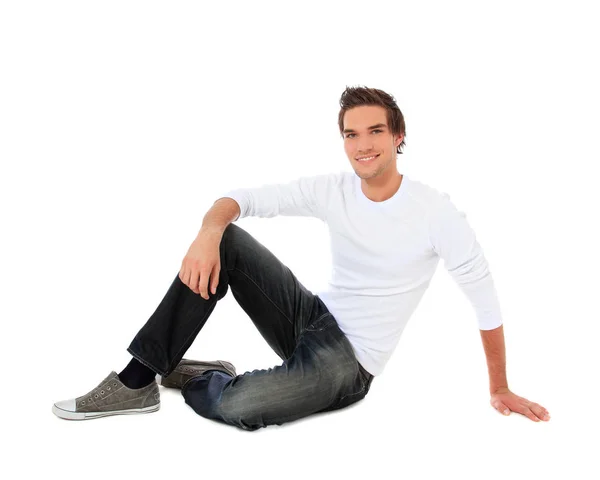 Attractive Young Man Sitting All White Background — Stock Photo, Image