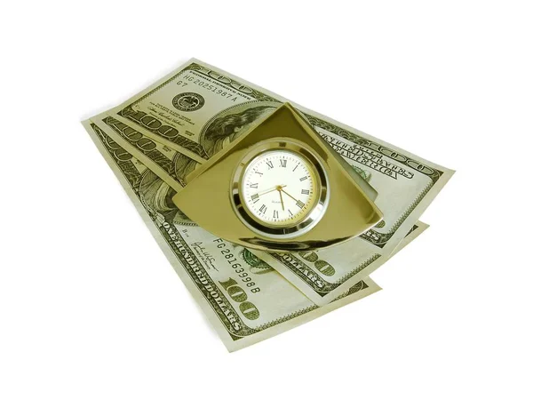 Αντικείμενα Στο Λευκό Ένα Ρολόι Βραχίονα Πάνω Από Χρήματα — Φωτογραφία Αρχείου