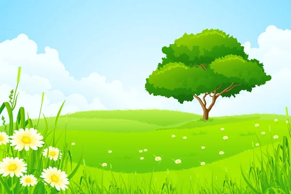ツリーの雲と花と緑の風景 — Stock fotografie