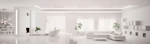 Maison Blanche Intérieur Appartement Moderne Salon Cuisine Panorama Render — Photo