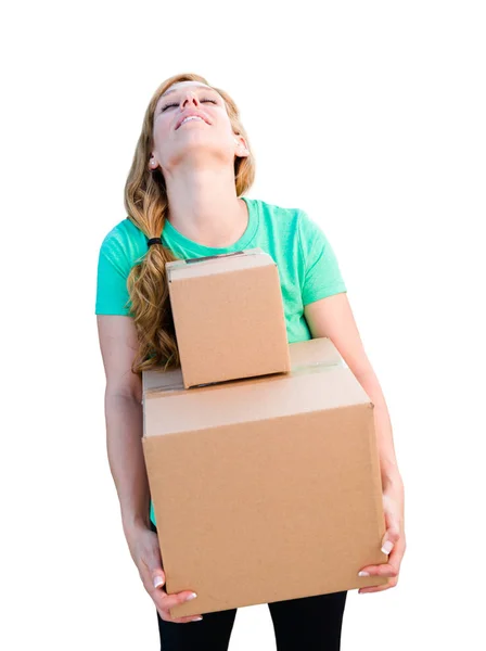 Müde Junge Erwachsene Frau Mit Umzugskartons Auf Weißem Hintergrund — Stockfoto