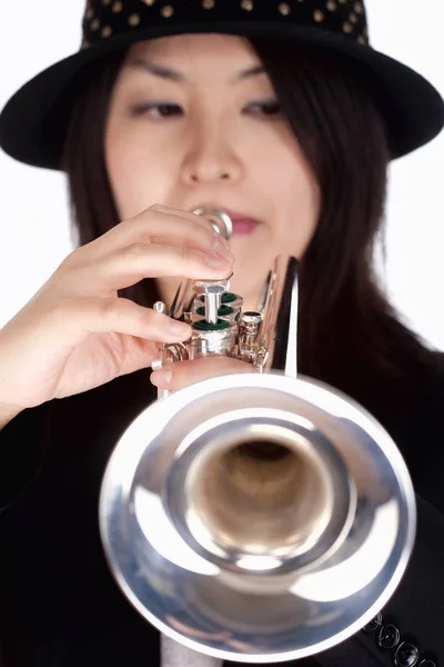 Portrait Female Trumpet Player Isolated White — Stock Photo, Image