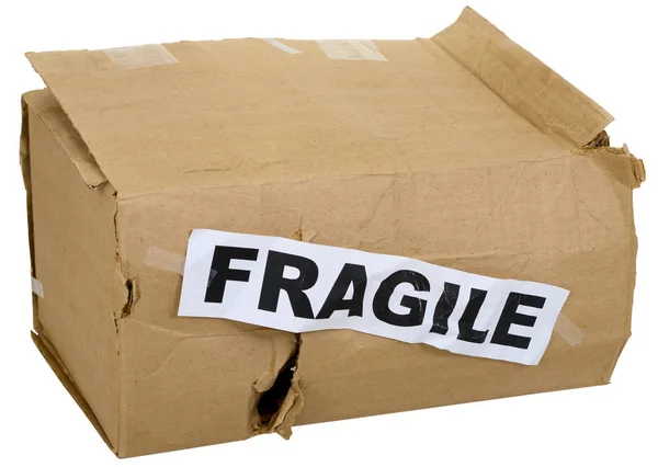 Crumpled Cardboard Box Inscription Fragile White — Stock Photo, Image
