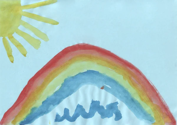 Παιδικά Ζωγραφίζοντας Πολύχρωμο Ουράνιο Τόξο Και Ήλιος — Φωτογραφία Αρχείου