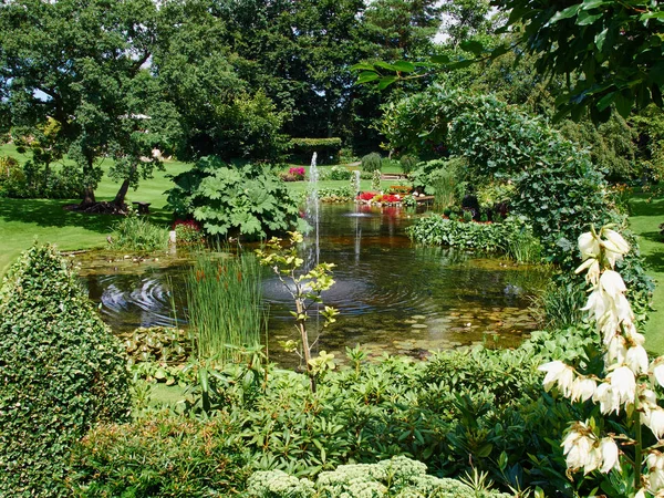 Estanque Ornamental Fuente Agua Hermoso Jardín Exuberante Creativo Florecimiento Verde —  Fotos de Stock