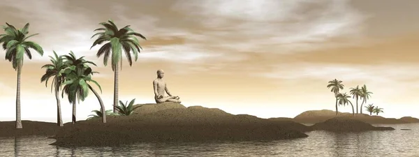 Homem Meditando Uma Ilha Tropical Com Palmeiras Por Dia Marrom — Fotografia de Stock