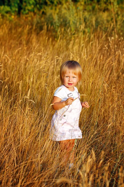 日没で小麦の耳を歩いてブロンドの女の子 — ストック写真