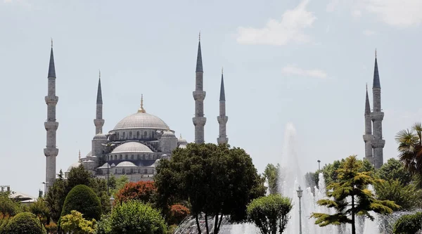 Blue Mosque Its Spires Prayer Calling Towers Gardens Fountains Landscape — Stock Photo, Image