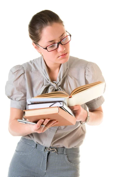 Mulher Leitura Séria Inteligente Óculos Com Livros Uma Caneta Isolada — Fotografia de Stock