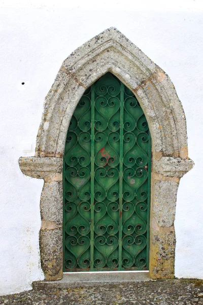 Grüne Mittelalterliche Holztür Mit Kunstvollen Eisenarbeiten Die Bis Einem Punkt — Stockfoto