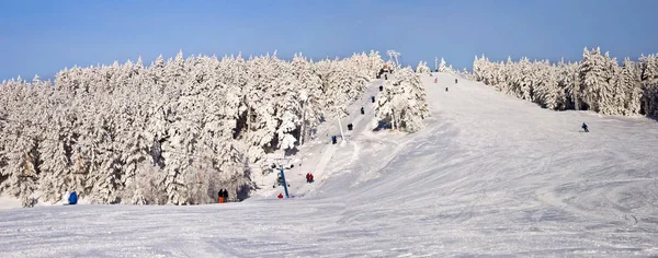 Склон Подъемником Заснеженном Лесу Зимний Пейзаж Панорама Xxl — стоковое фото