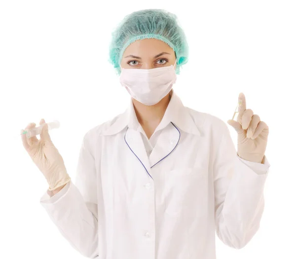 Donna Abbigliamento Lavoro Medico Con Siringa Fiala Con Medicina Mano — Foto Stock