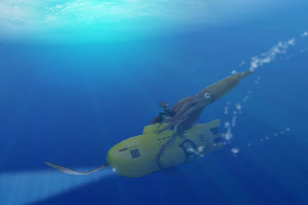 Photo Illusrtation Giant Squid Archeteuthis Attacking Submarine — Stock fotografie