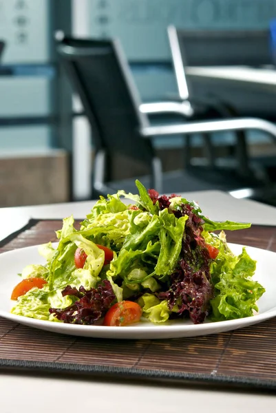 Fresh Salad Mozzarella Cheese Cherry Tomatoes Indoor Blurry Background Restaurant — Stock Photo, Image