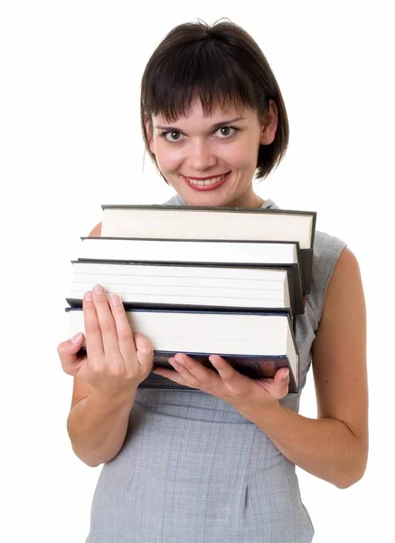Estudante Encantador Com Livros Grossos Fundo Branco — Fotografia de Stock