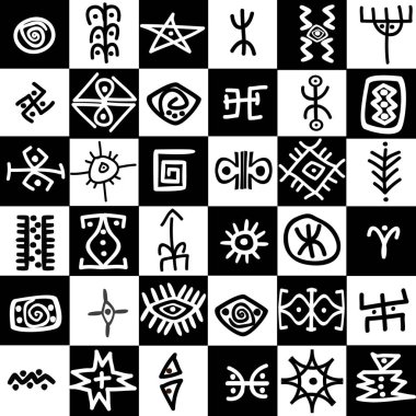 Black and white squares background with ethnic motifs clipart