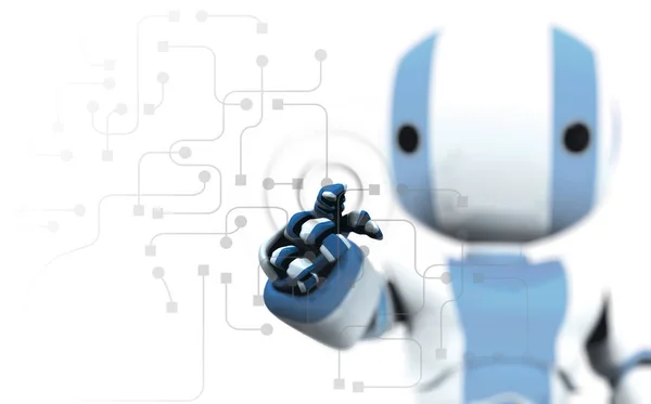 Blue White Robot Pointing His Finger Transparent Window Circuitry Programming — Stock Photo, Image