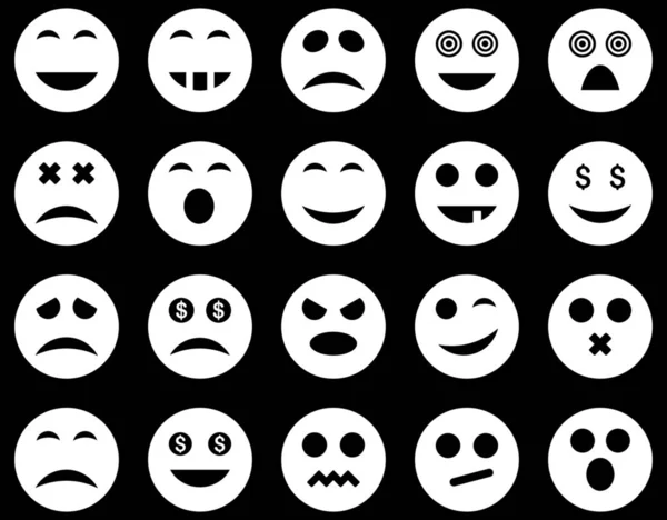 Smile and emotion icons. Glyph set style is flat images, white symbols, isolated on a black background.