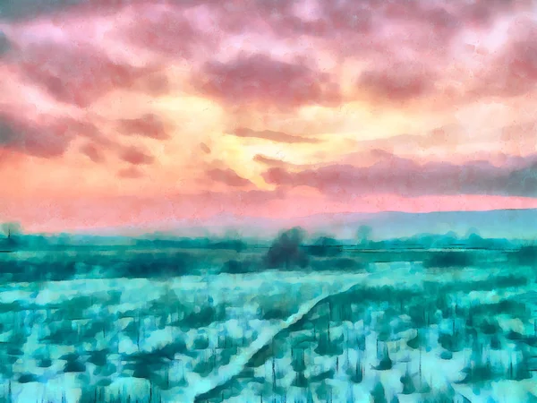 Ψηφιακοί Πίνακες Υδατογραφιών Ενός Χειμωνιάτικου Ηλιοβασιλέματος Ζεστούς Τόνους Στον Ουρανό — Φωτογραφία Αρχείου