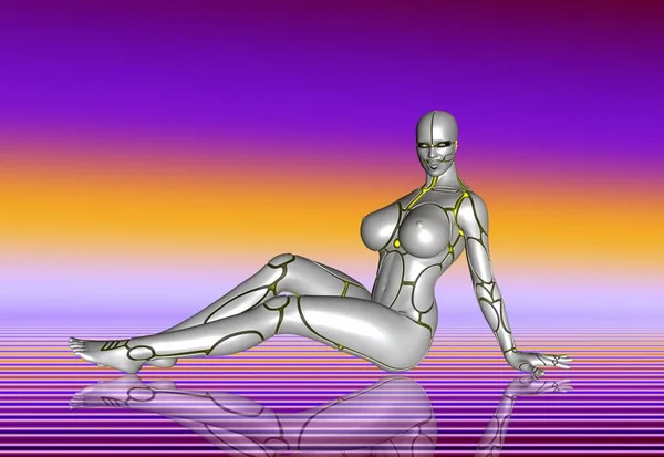 Happy robot woman sitting.