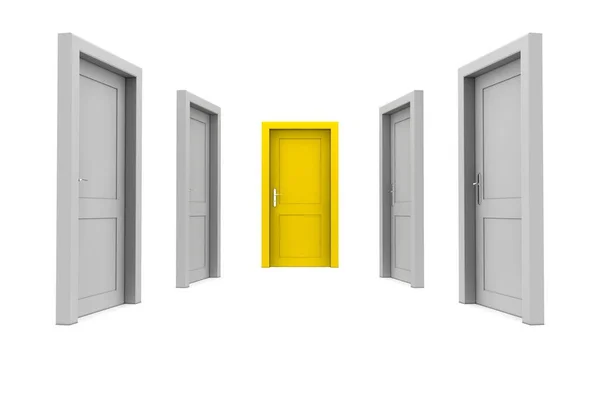 Abstrakcyjny Korytarz Zamkniętymi Szarymi Drzwiami Jedno Zamknięte Żółte Drzwi Końcu — Zdjęcie stockowe
