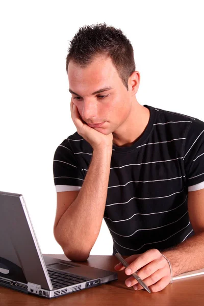 Estudiante Ambicioso Trabajando Computadora Portátil Todo Aislado Sobre Fondo Blanco — Foto de Stock