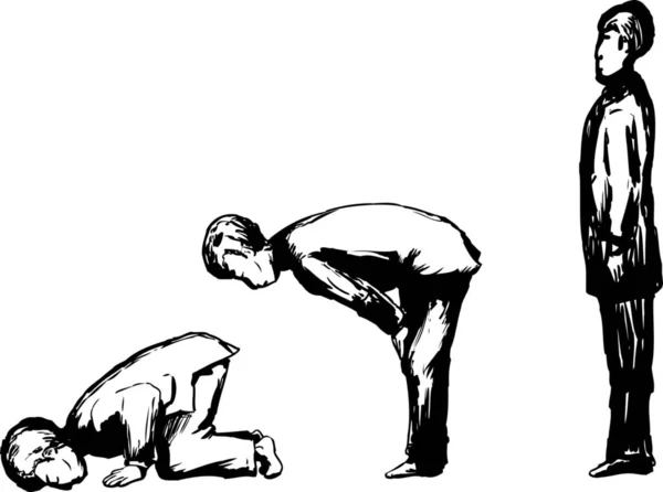 Vista Lateral Esboçada Sobre Homem Muçulmano Várias Posições Oração Islâmica — Fotografia de Stock