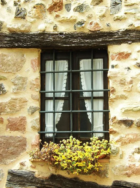 Spanya Eski Evde Çiçek Kutusu Ile Pencere — Stok fotoğraf
