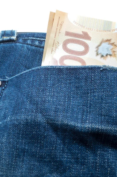 Cem Notas Dólares Canadenses Bolso Jeans Traseiro — Fotografia de Stock
