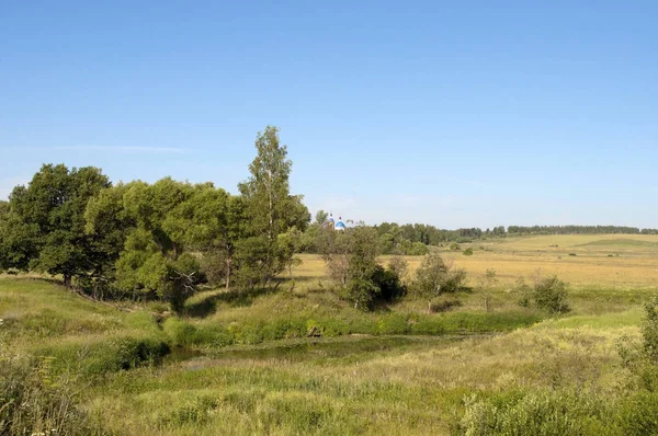 Paysage Rural Avec Une Petite Rivière Champ Pente — Photo