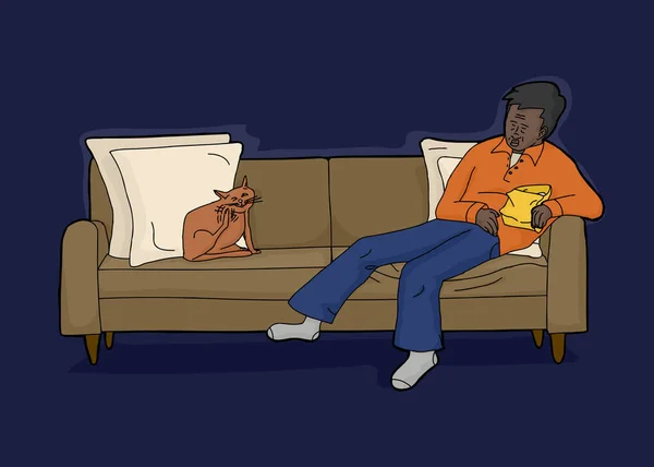 Cartoon Tired Snacking Man Cat Sofa Dark — Stock Photo, Image