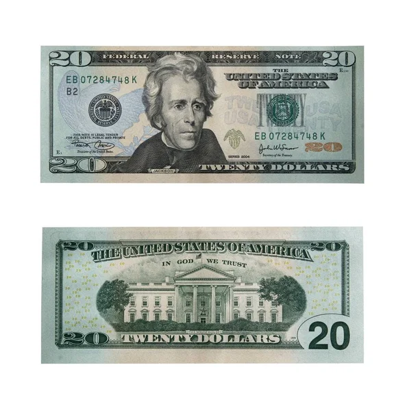 Yirmi Dolar Banknot Her Iki Tarafı Kırpma Yolu Ile Beyaz — Stok fotoğraf
