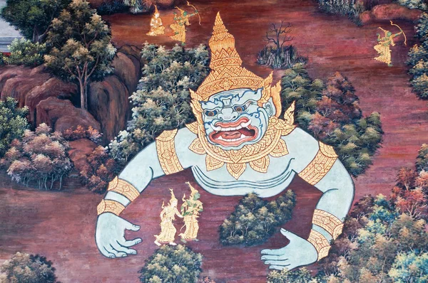 Thai Mural Painting Wall Wat Phra Kaew Bangkok Thailand Ramayana — Stok Foto