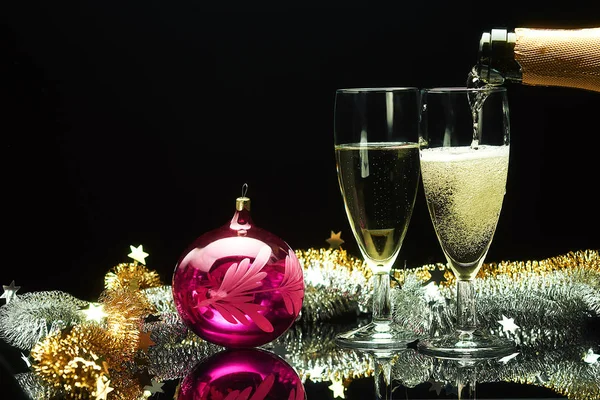 Champagne Pouring Glasses Christmas New Year Decorations Ball Isolated Black — Stock Photo, Image