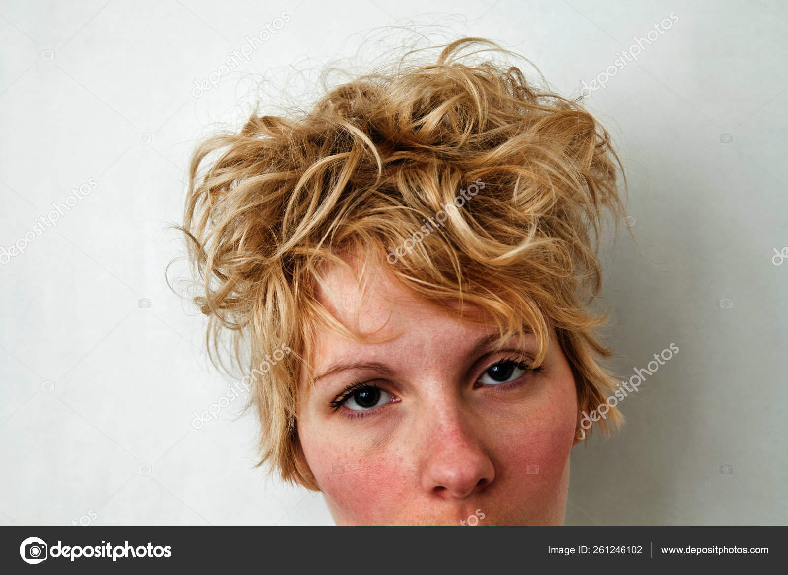 Young Blond Girl Morning Look Mixed Hairs White Background Stock