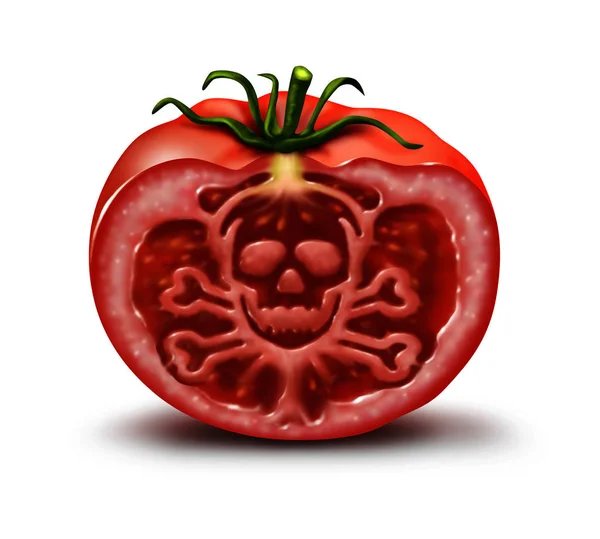 Food danger symbol for people with an allergy and allergic reactions or contaminated agricultural fresh market produce represented by a single tomato in the shape of a skull and bones hazard warning on white.