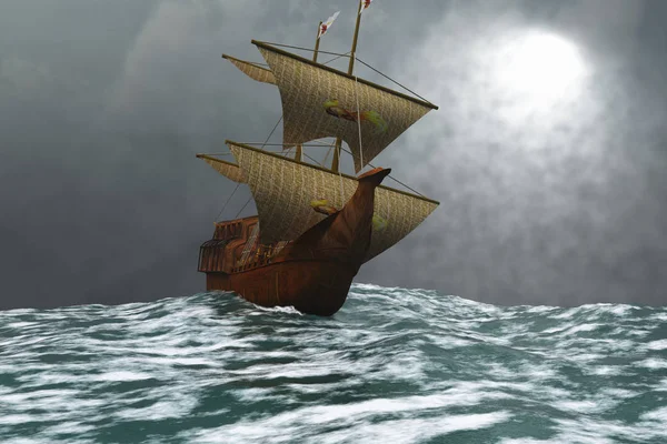 Ein Segelschiff Schippert Bei Stürmischem Wetter Durch Die Wellen Des — Stockfoto