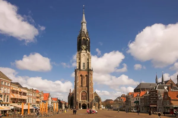 Nieuwe Kerk Kathedrale Delft Panorama Des Hauptplatzes — Stockfoto