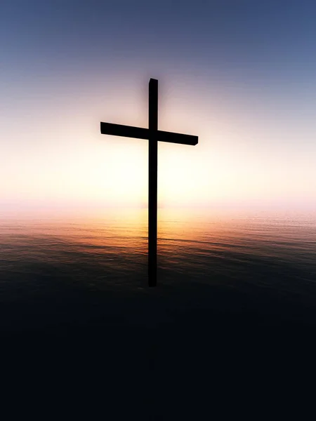 Религиозный Крест Парящий Над Морем Восходе Солнца — стоковое фото