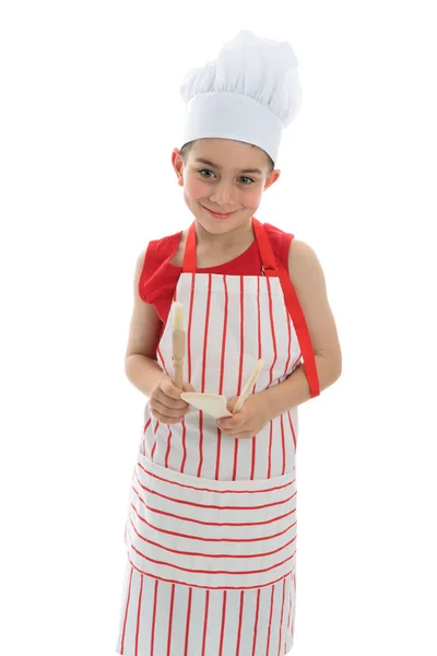 Jovem Cozinheiro Sorrindo Segurando Utensílios Cozinha Fundo Branco — Fotografia de Stock