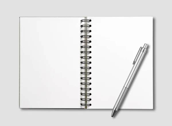 Notebook Espiral Branco Aberto Caneta Mockup Isolado Cinza — Fotografia de Stock