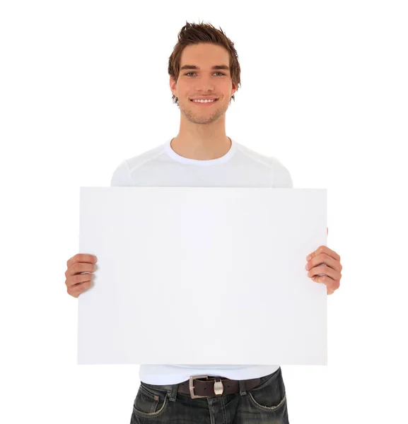 Attractive Young Man Holding Blank Sign All White Background — Stock Photo, Image