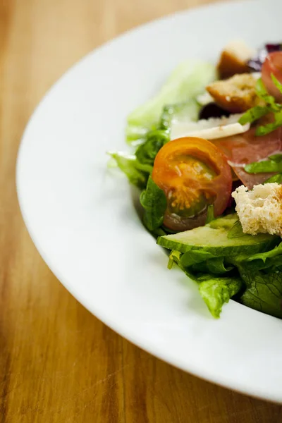 Side Salad Plate Tomato Cucumber Bread Parmesan Ham — Stock Photo, Image